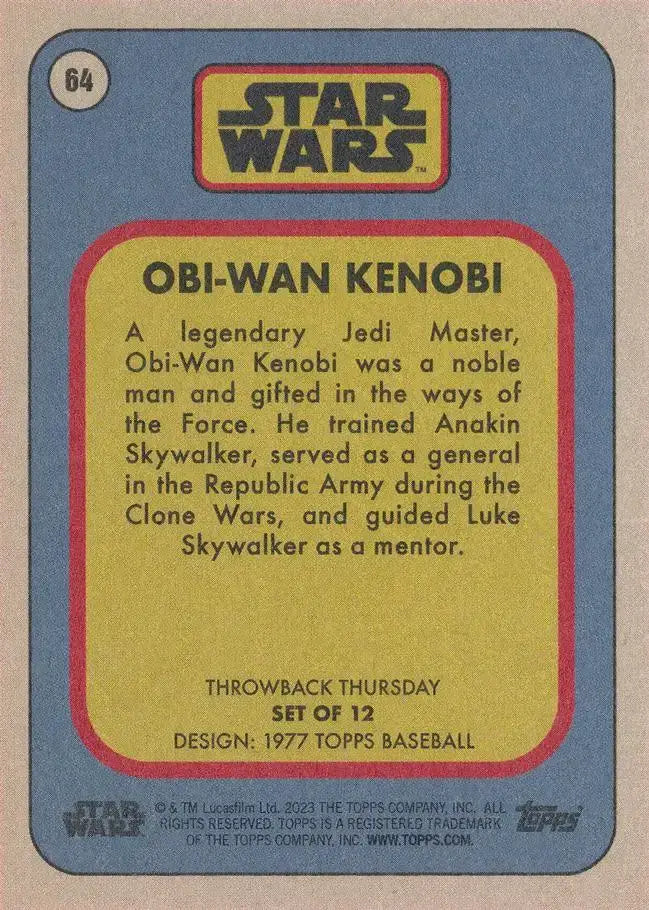 Star Wars Throwback Thursday 2023 Card #64 Obi-Wan Kenobi 1977 Topps Baseball - Star Wars Card Single