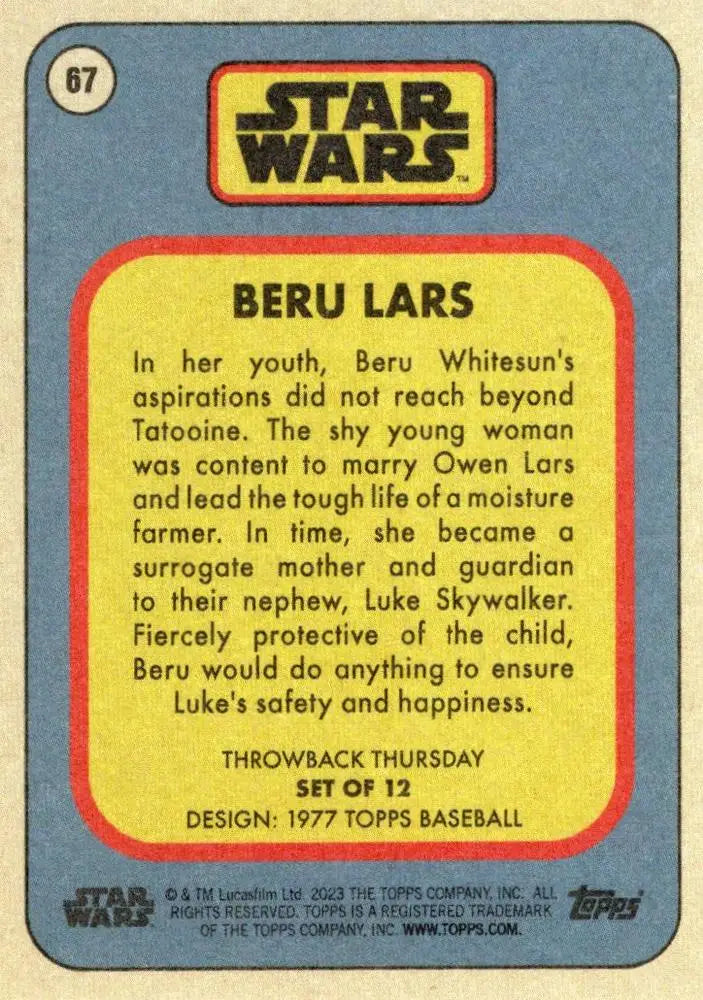 Vintage Star Wars trading card of Beru Lars from 1977 Topps Baseball series