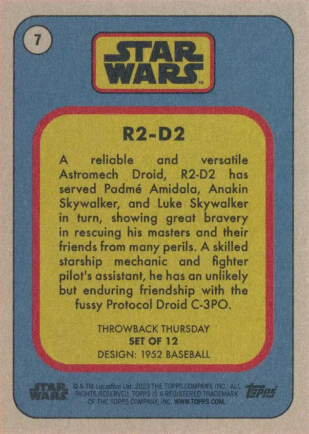 Vintage Star Wars trading card of R2-D2 featured in 2023 Throwback Thursday series