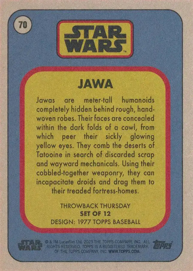 Star Wars Throwback Thursday 2023 Card #70 Jawa 1977 Topps Baseball - Star Wars Card Single