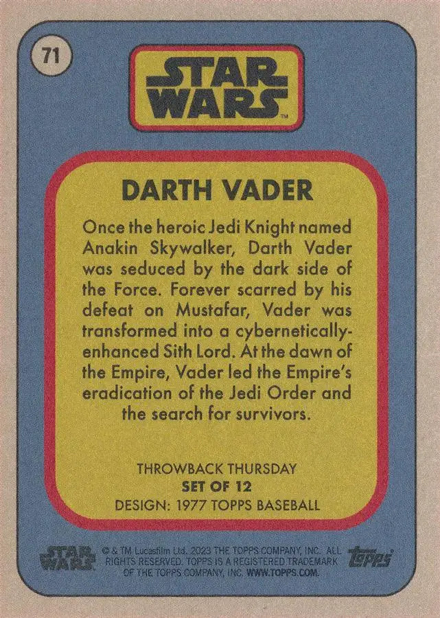 Trading card of Darth Vader from Star Wars in 1977 Topps Baseball series