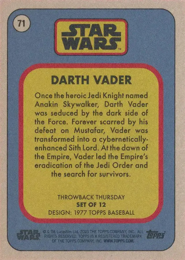 Star Wars Throwback Thursday 2023 Card #71 Darth Vader 1977 Topps Baseball - Star Wars Card Single