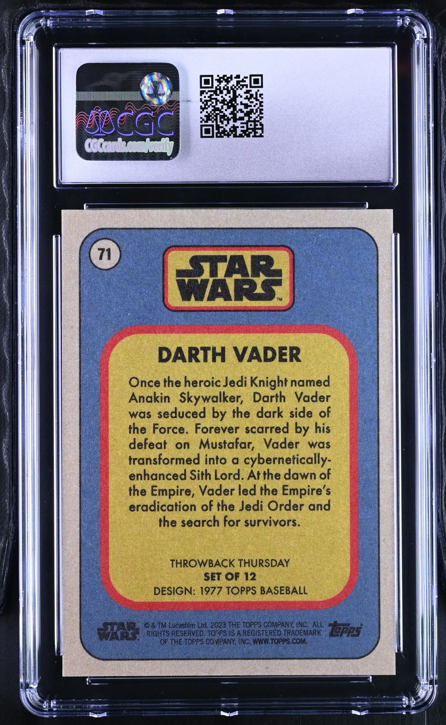Star Wars trading card of Darth Vader in protective holder, graded CGC 10 Gem Mint