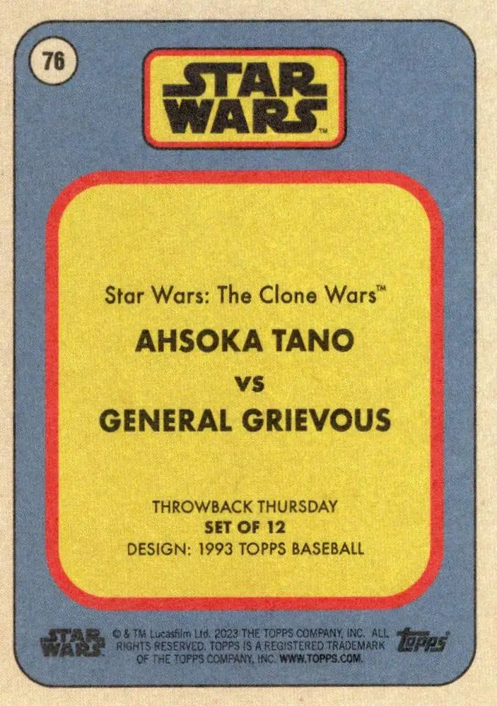 Star Wars trading card showcasing Ahsoka Tano vs General Grievous in epic duel