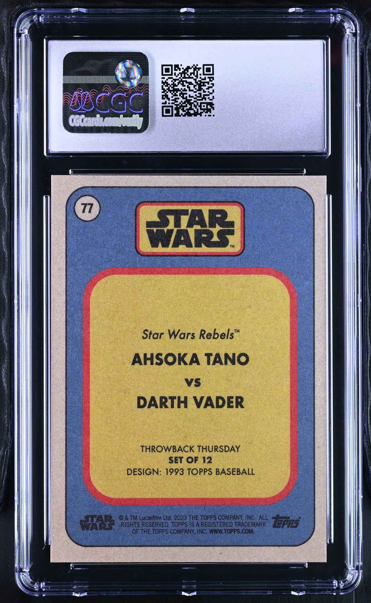 Graded Star Wars trading card Ahsoka Tano vs Darth Vader in protective case CGC 10 Mint