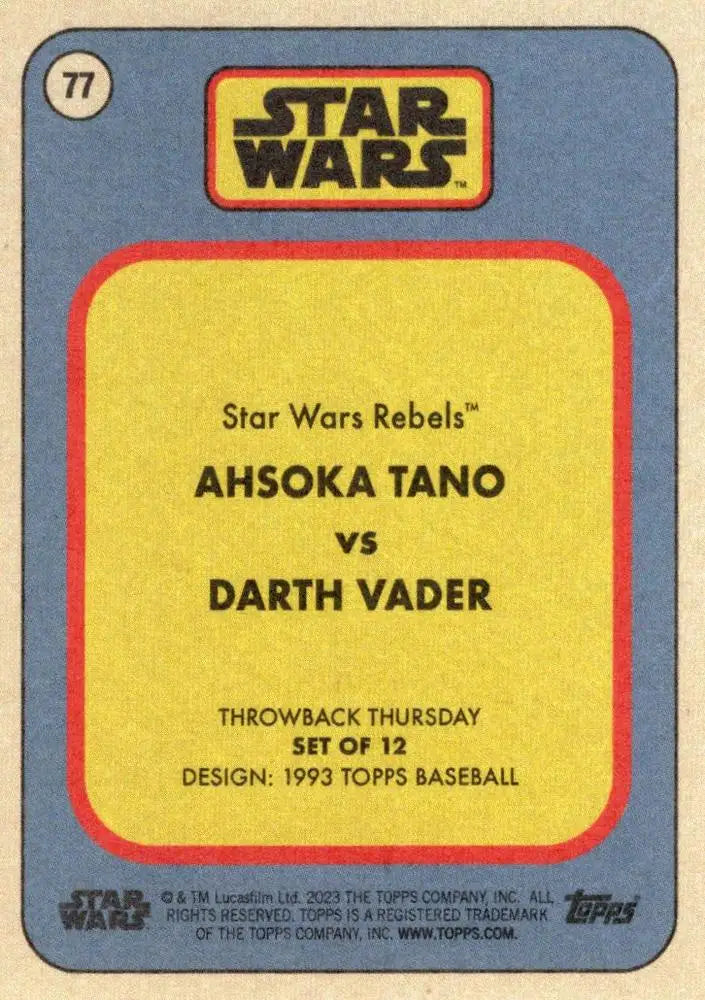 Star Wars trading card of Ahsoka Tano vs Darth Vader from Throwback Thursday 2023