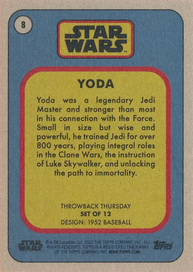 Vintage Star Wars trading card featuring Yoda as a 1952 baseball player collectible