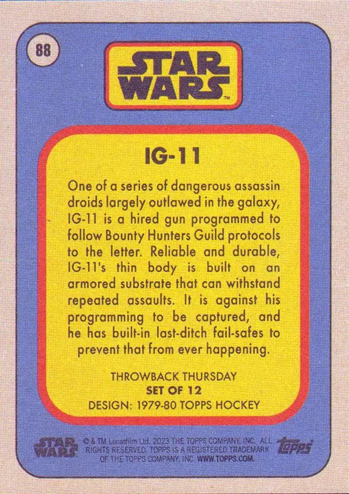 Star Wars trading card featuring IG-11 from Topps Hockey Throwback Thursday 2023
