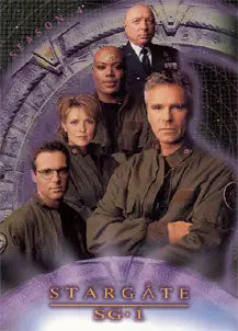Promotional poster for Stargate SG-1 featuring main cast on a Season 4 promo card