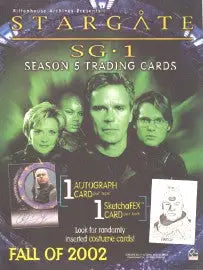 Promotional poster for Stargate SG-1 Season 5 trading cards on sell sheet