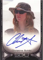 Autographed trading card of Christina Schild in sunglasses and hat from Stargate Universe