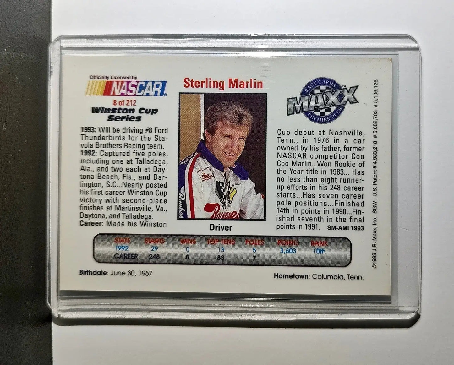 Sterling Marlin 1993 Maxx Premier Plus Racing #8 NASCAR Stavola Brothers Racing - Racing Card Single
