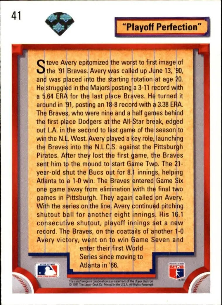 Steve Avery 1992 Upper Deck MLB #41 Playoff Baseball Card Atlanta Braves - Baseball Card Single