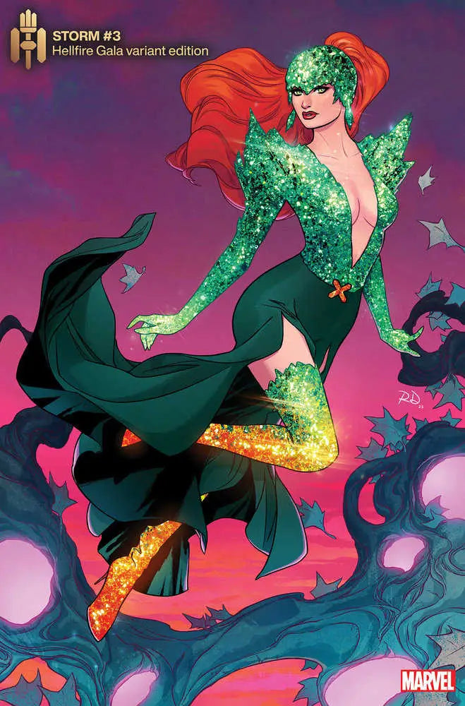 Poison Ivy comic cover in green costume on Storm 3 trading card variant by Russell Dauterman