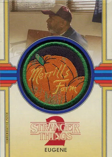 Circular patch card featuring an orange pumpkin and Merrill’s Farm text for Stranger Things