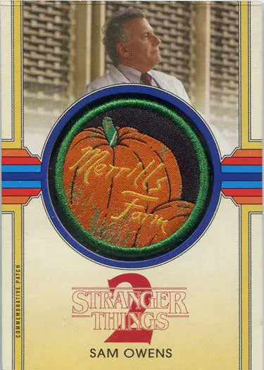 Circular patch card featuring an embroidered orange pumpkin from Stranger Things