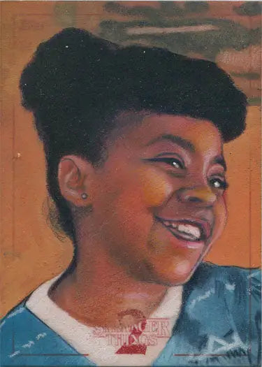 Smiling young person with distinctive hairstyle in Stranger Things Season 2 sketch card by Carlos Cabaleiro