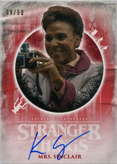 Autographed Karen Ceesay trading card in pink and gray from Stranger Things