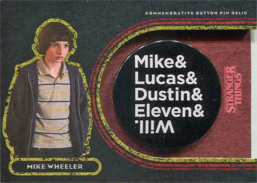 Commemorative button pin relic featuring character names from Stranger Things series