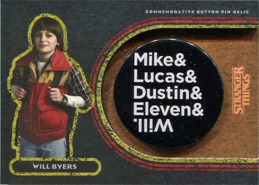 Commemorative button pin relic featuring Stranger Things character names in vibrant design