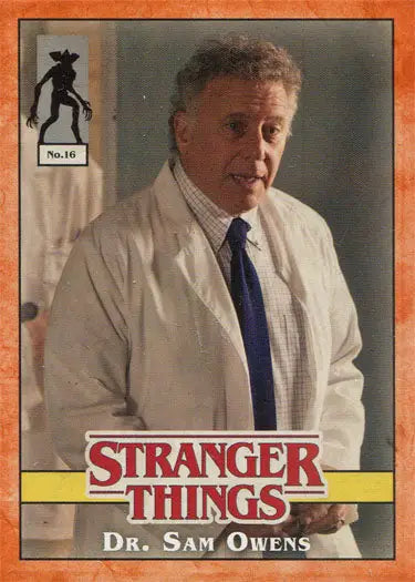 Trading card of Sam Owens in a white coat, featuring Stranger Things orange parallel design