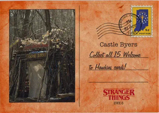 Vintage-style Stranger Things postcard featuring orange parallel trading card elements