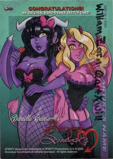 Succubus Sweethearts sketch card by William Zorn featuring two whimsical female characters