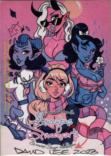 Colorful illustration of four succubus sweethearts characters on David Lee sketch card