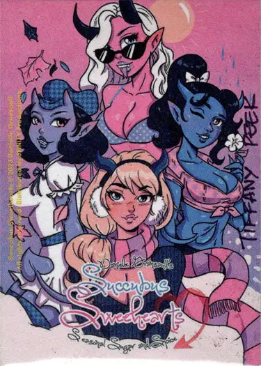 Stylized cartoon illustration of diverse female characters on Succubus Sweethearts sketch card by Tiffany Peek