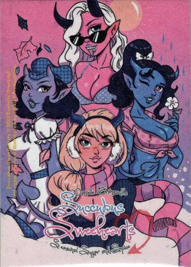 Colorful illustration of four succubus sweethearts by Danielle Gransaull on a sketch card