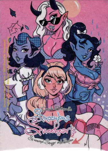 Stylized illustration of diverse succubus sweethearts on a 2023 sketch card