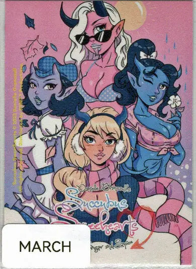 Colorful illustration of Succubus Sweethearts by Jason Montoya on a sketch card