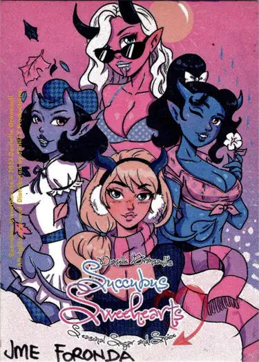 Colorful illustration of diverse female characters in Succubus Sweethearts Sketch Card by Jme Foronda