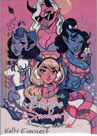 Colorful sketch card by Kelly Everaert featuring Succubus Sweethearts with fantastical traits