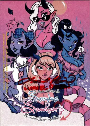 Stylized illustration of diverse succubus sweethearts in Limuel Pinzon sketch card