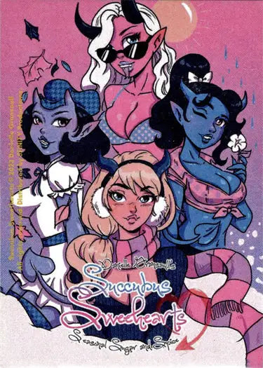 Illustration of diverse succubus sweethearts by Lucy Fidelis on a sketch card
