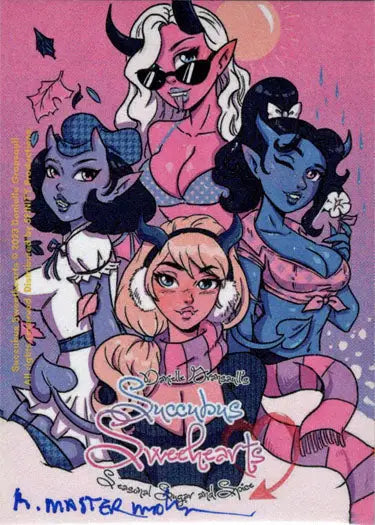 Stylized illustration of diverse women in Succubus Sweethearts Sketch Card by Mike Mastermaker