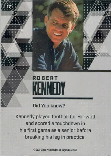 Trading card of Robert Kennedy in blue foil parallel featuring a smiling man