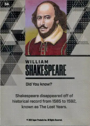 Super Break Pieces of the Past 2021 Blue Refractor Parallel Card 34 William Shakespeare - Other