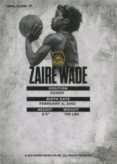 Basketball trading card of Zaire Wade in shooting pose, featuring Opal Glow Parallel design