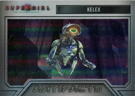 Futuristic robotic alien creature with glowing head in Supergirl Rainbow Foil Board Artifacts Chase Card