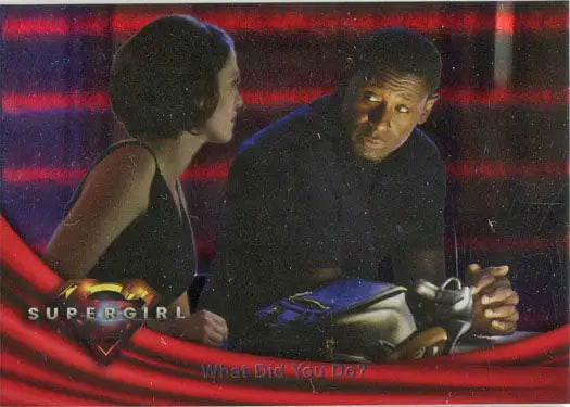 Two people enjoying drinks and conversation with Supergirl Season 1 Rainbow Foil Board