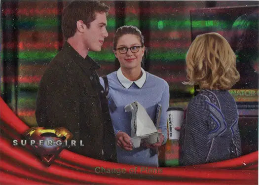 Three people discussing while holding a paper and a cup on a Rainbow Foil Board card
