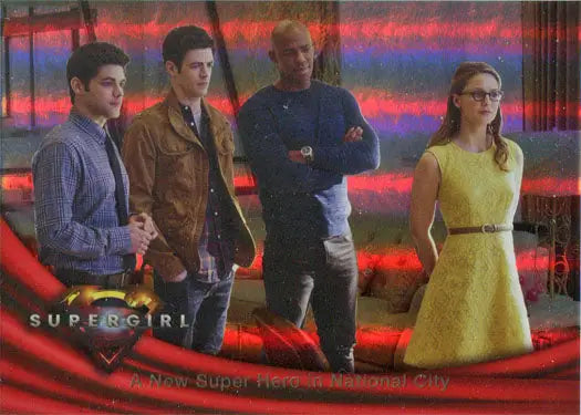 Group of four people with colorful background on Supergirl Season 1 Rainbow Foil Board