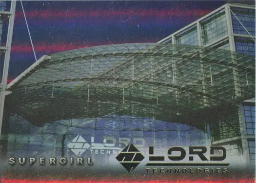 Futuristic building exterior with Supergirl and Lord Technologies on a rainbow foil board