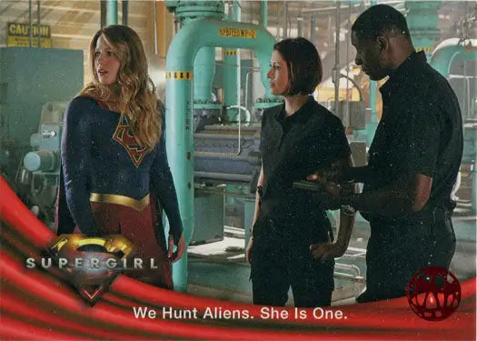 Trading card featuring Supergirl characters with Red Omegahedron Deco design