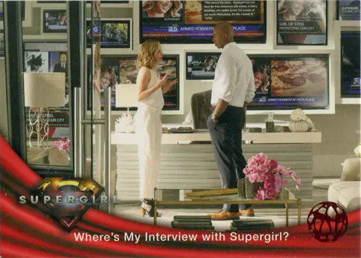 Trading card featuring Supergirl scene in office, showcasing Red Omegahedron Deco Foil