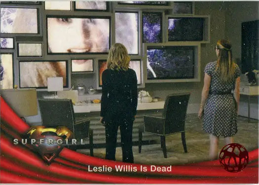 Television screens showing images of Supergirl Season 1 Red Omegahedron Deco cards