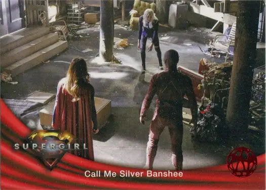 Supergirl characters in urban showdown on Red Omegahedron Deco Foil Base Variant Card