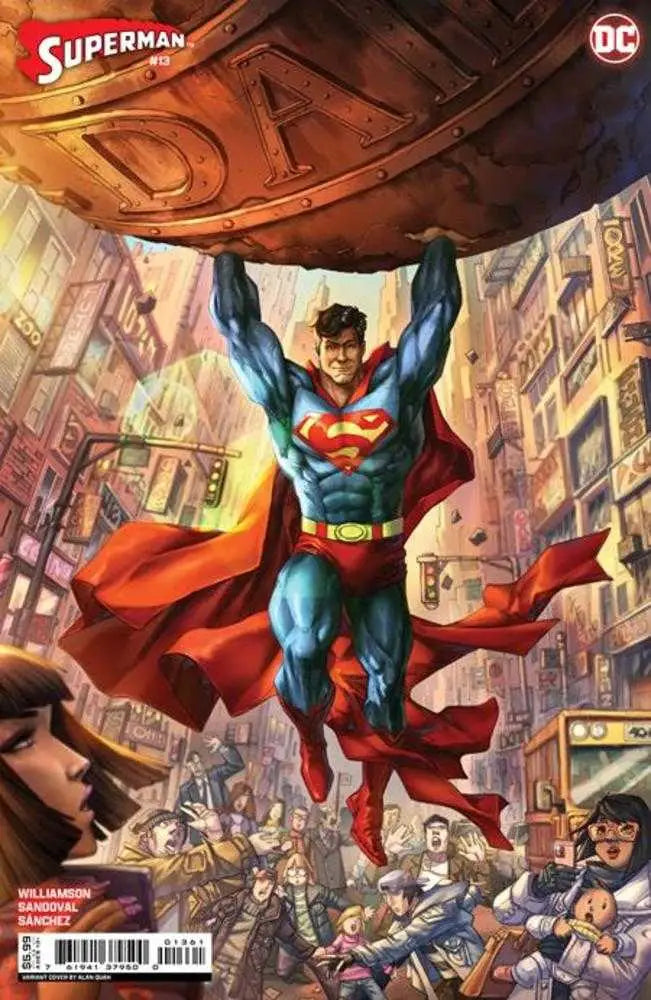 Superman lifts a massive globe on the cover of Superman #13 trading card variant